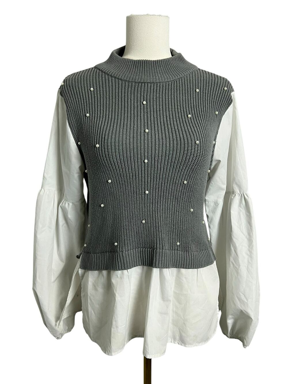 Belldini Gray Pearl Knit Poplin 2-fer Twofer Mock Neck Sweater Blouse Top Small